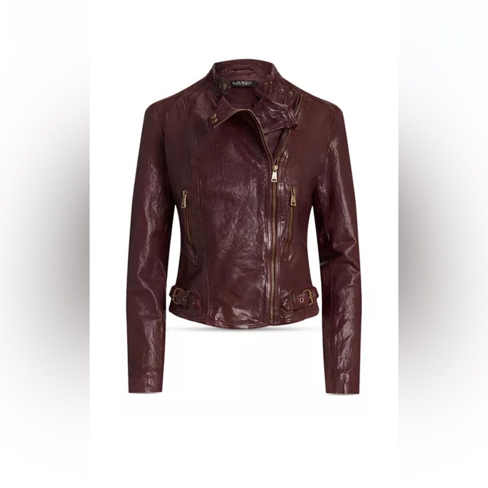 New Lauren Ralph Lauren Wine-Red Color Leather Moto Cafe  Racer Jacket Women’s - Picture 14 of 16
